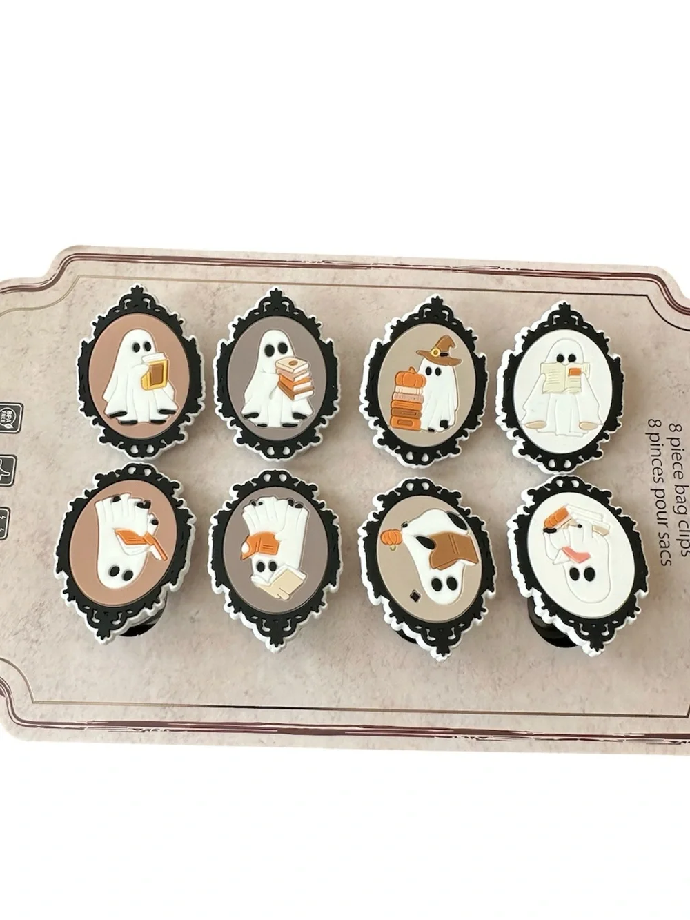 New CWC Cute HALLOWEEN GHOST w/BOOKS DESIGN BAG CLIPS Set/8 With Magnetic Back